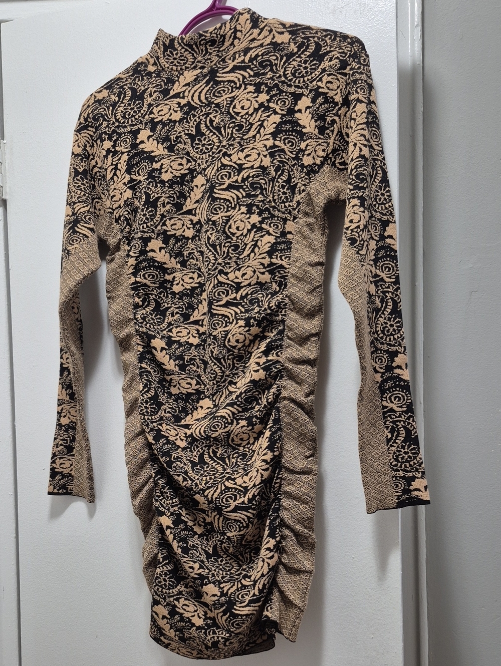 Zara Black and Beige Floral Ruched Long Sleeve Dress